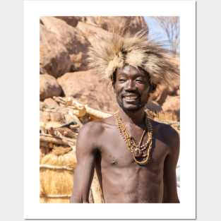 Namibia. Damara Living Museum. Portrait of a Smiling Man in the Fur Hat. Posters and Art